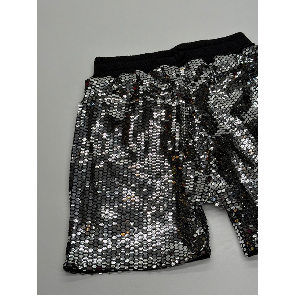 Mens Silver Sequin‎ Disco Festival Shorts Black Elastic Waist Rave Party Small - Picture 8 of 9